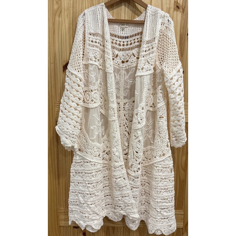 POL Crochet Knit Ivory Open-Front Duster Cardigan Boho Sml/med 100% Cotton NWT